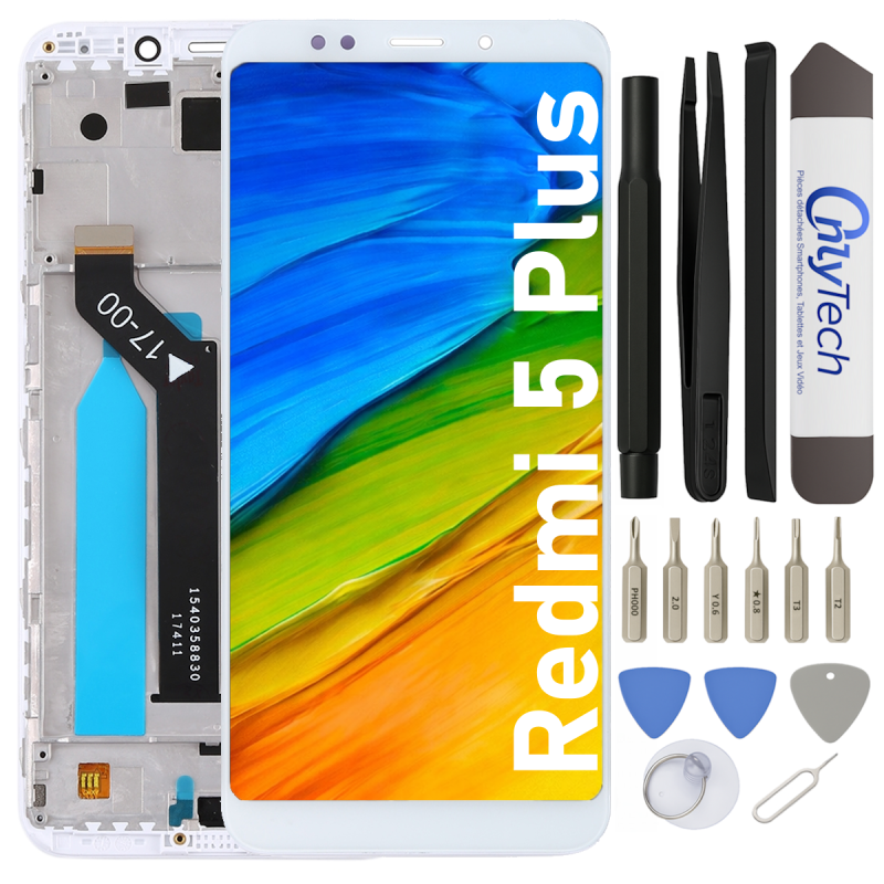 Écran LCD du Xiaomi Redmi 5 Plus Blanc assemblé sur châssis - Avec outils